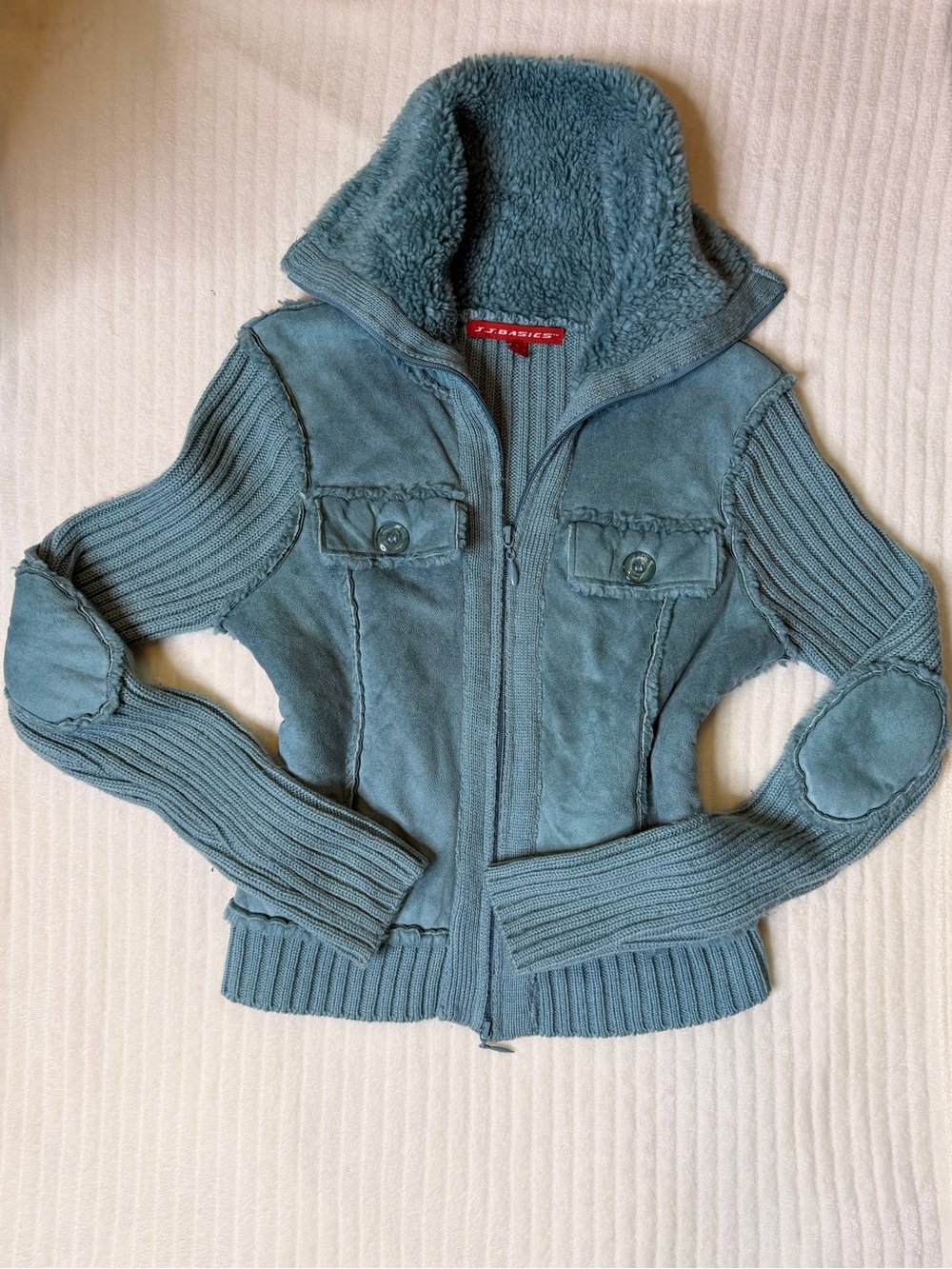Vtg J.J. Basics Faux Suede Knit Jacket Fur Trim Teal S Y2K